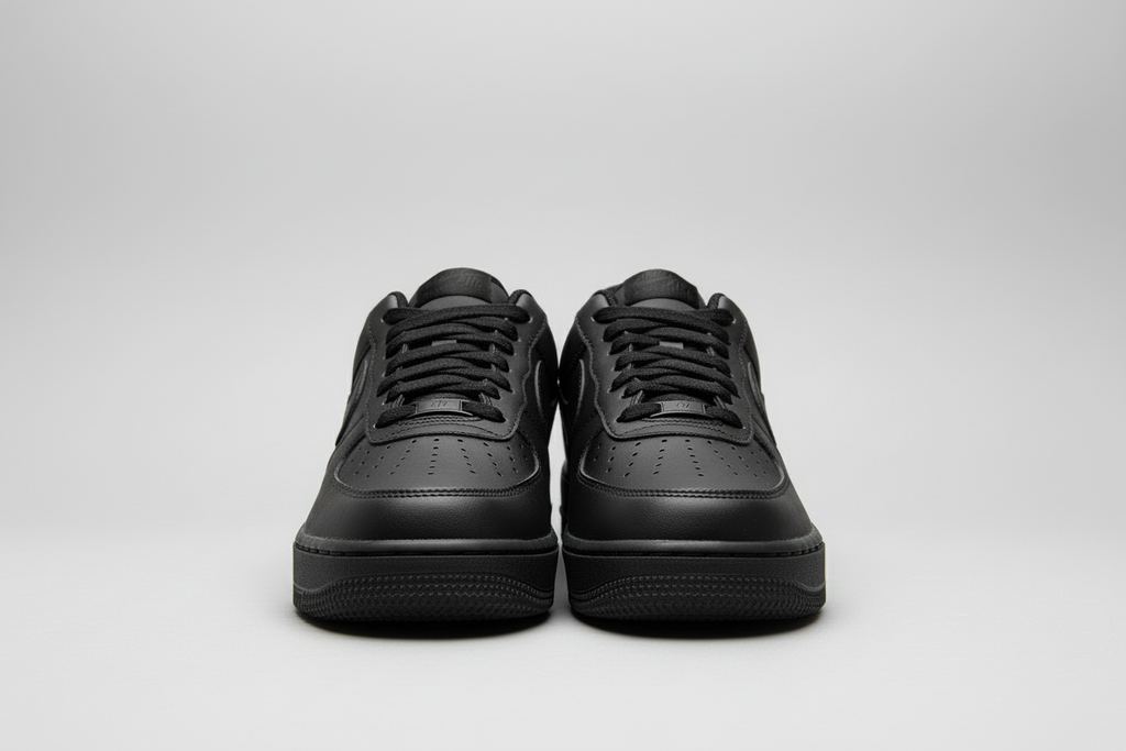 Black Af 1s front view, white professional background