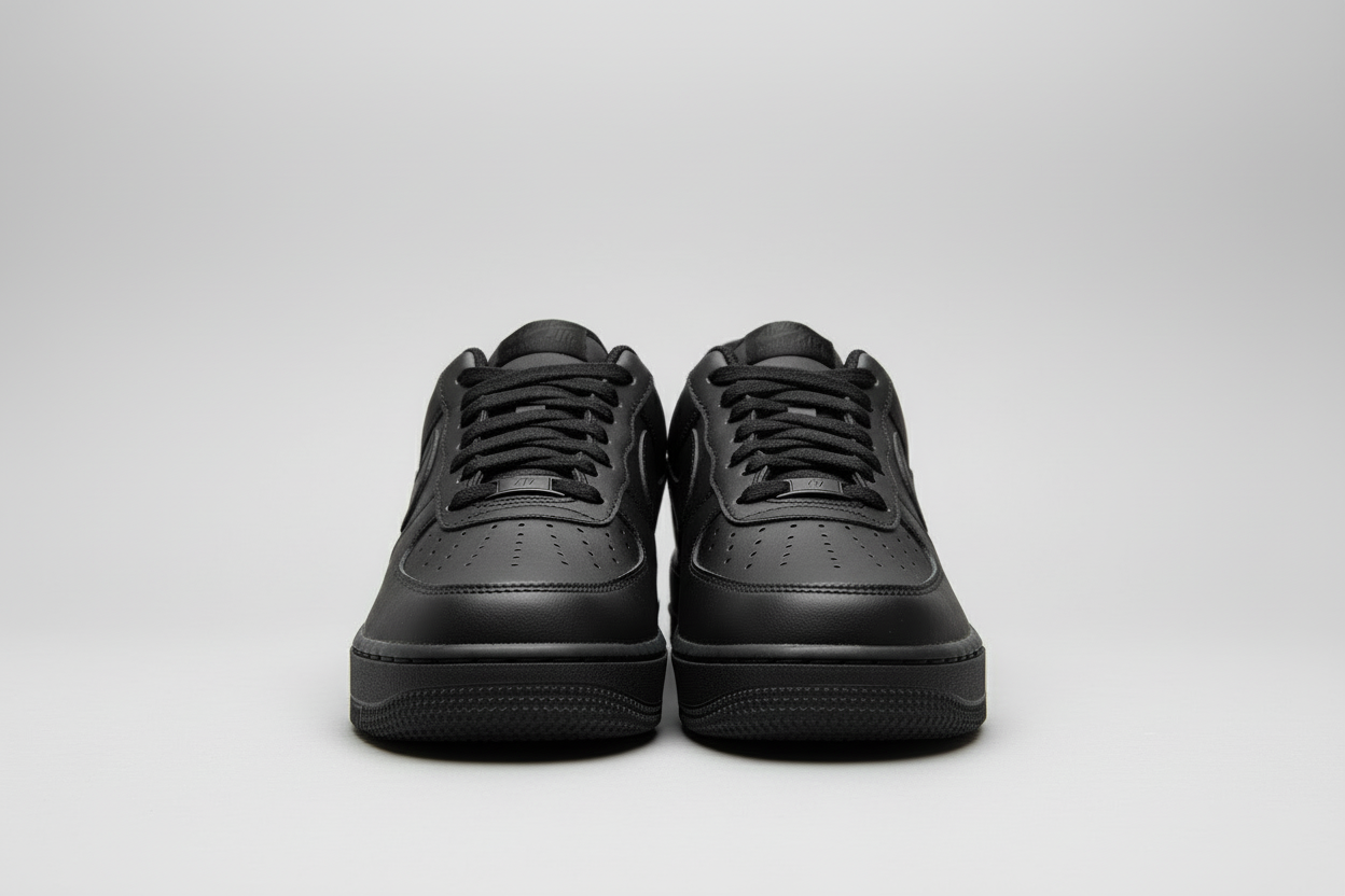 Black Af 1s front view, white professional background