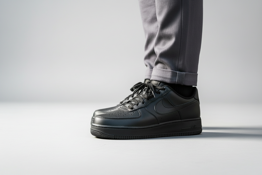 black AF1s on a model's foot in the streets