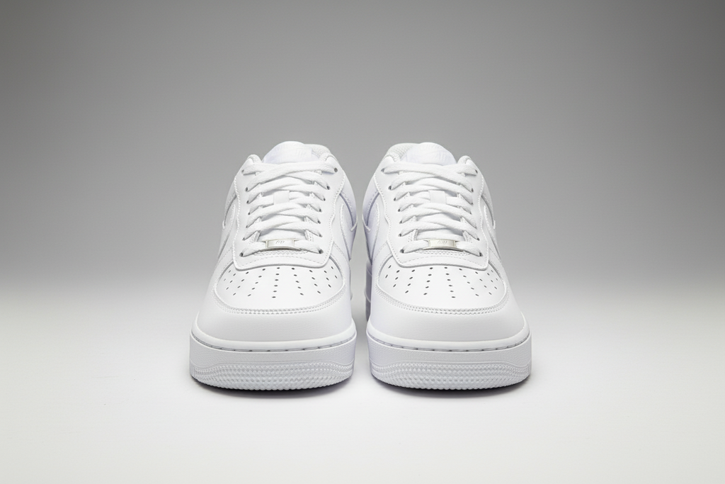 Nike AF 1s (front view) , professional white studio.