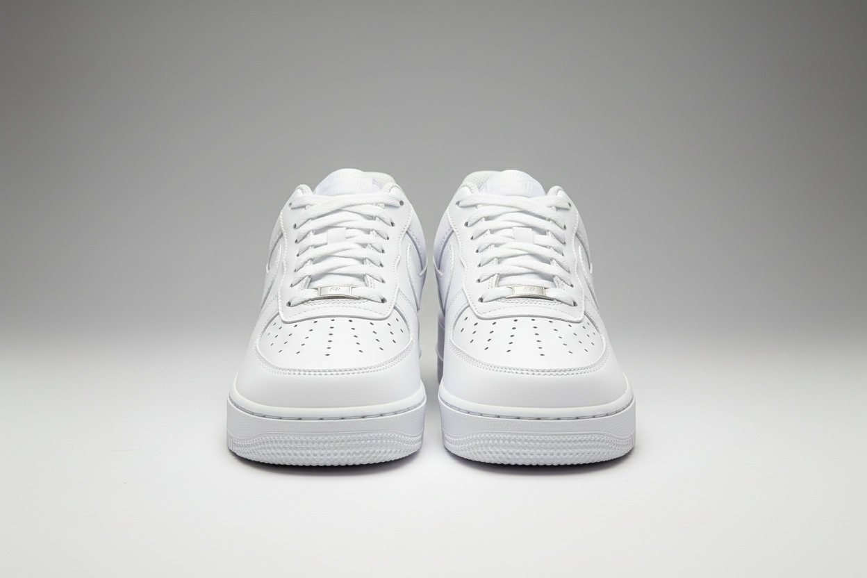 Nike AF 1s (front view) , professional white studio.