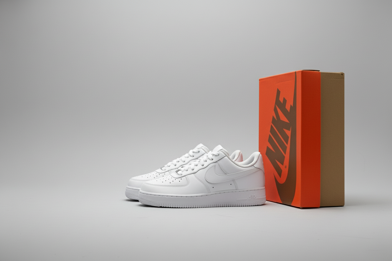 white Nike AF 1s side view, white professional studio and nike box on the side